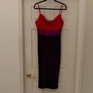 Express Colorblock Midi Dress in Red, Purple, and Black
